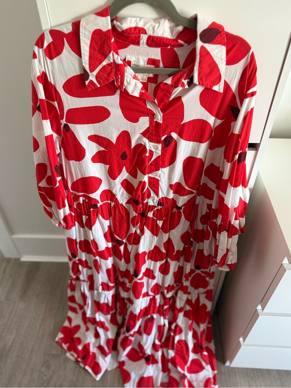 Red & White Floral Tiered Shirt Dress by Anthropologie - Picture 4 of 4